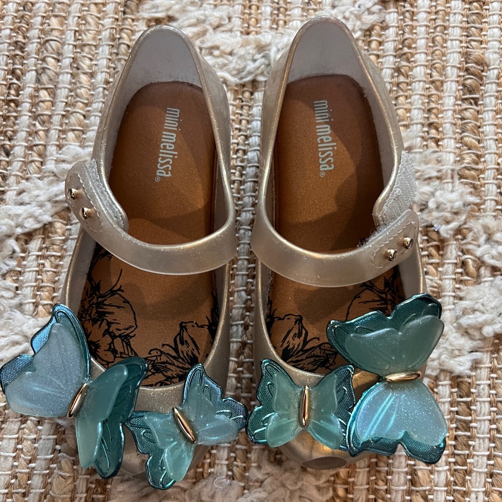 MINI MELISSA                        Gold and Teal Butterfly Dress Shoes
